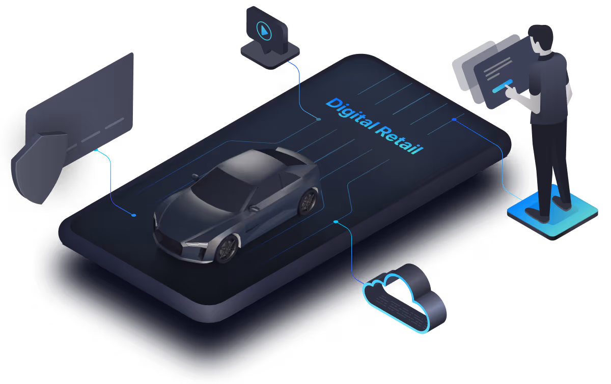 Isometric illustration of a car on a smartphone labelled Digital Retail, connected to a shopper, video, cloud and card icons