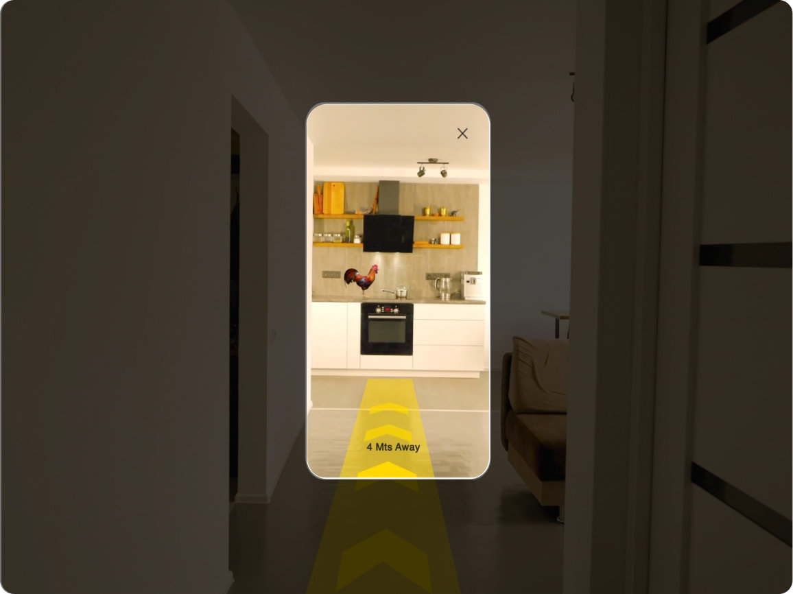 Early Bird AR alarm app showing a rooster placed in a kitchen