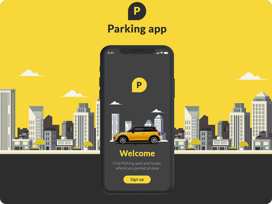 Parking app screens showing nearby parking spots