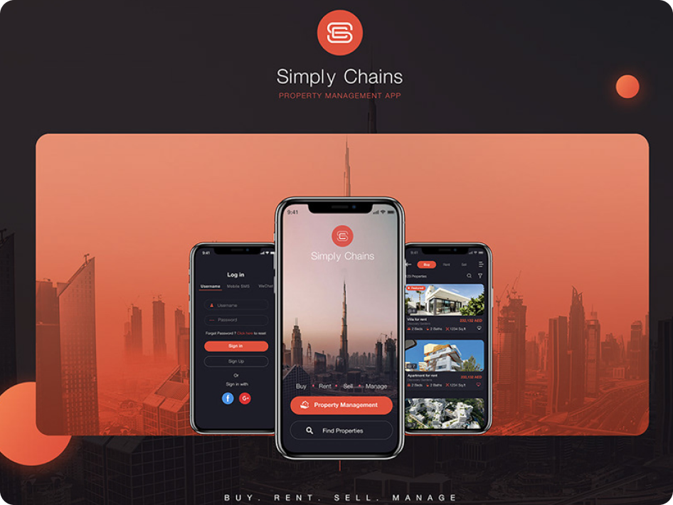 Simply Chains property management app screens over a city skyline