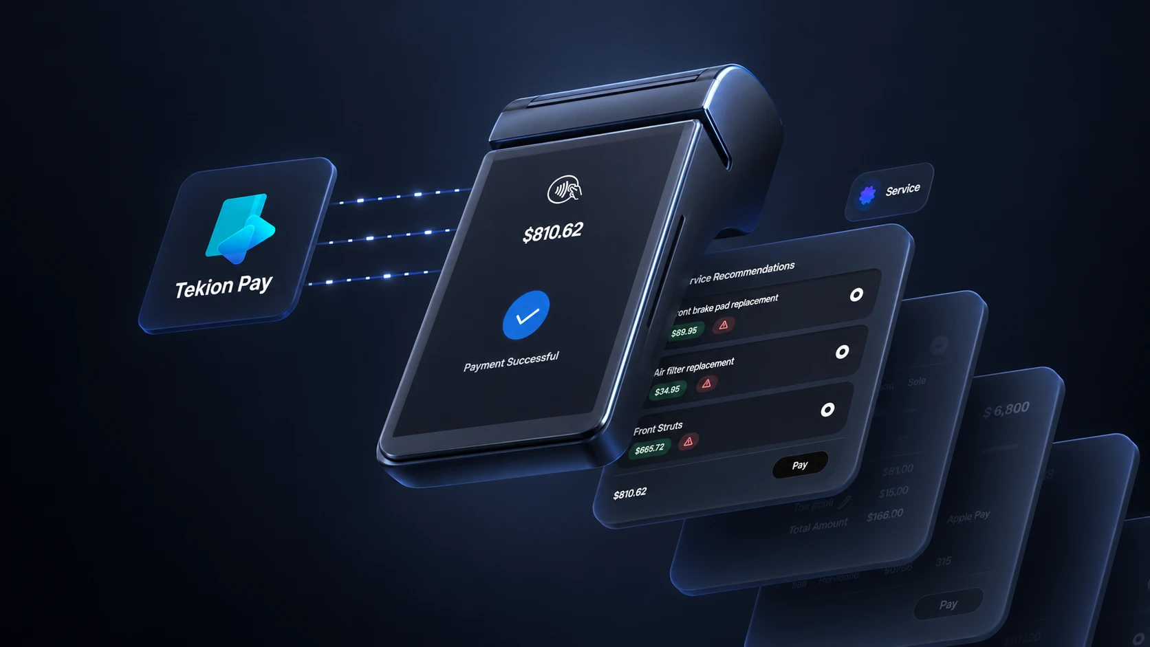 Tekion Pay payment terminal showing a successful $810.62 payment alongside service recommendation cards